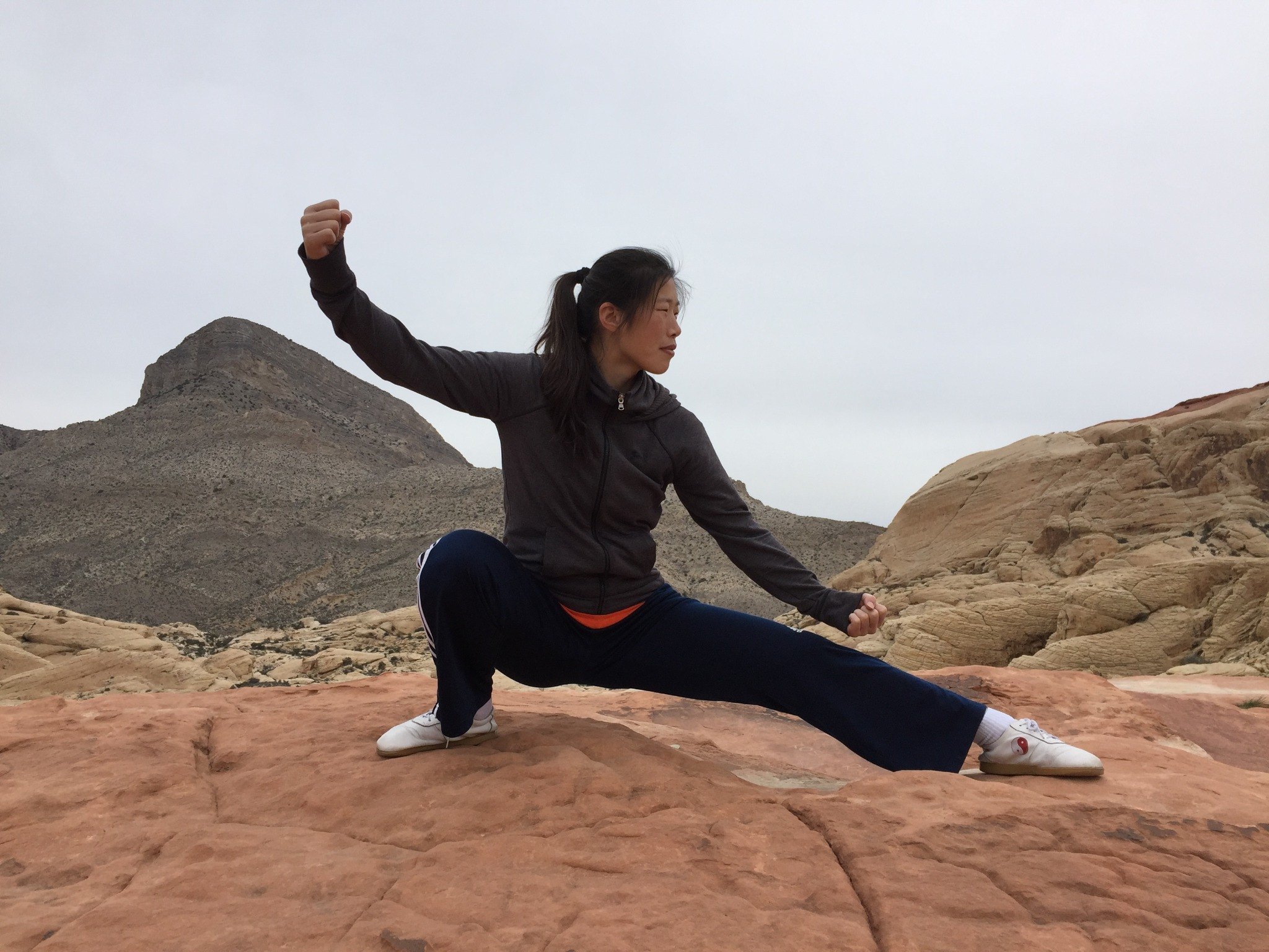 Master Chen Huixian holding a deep low stance outdoors